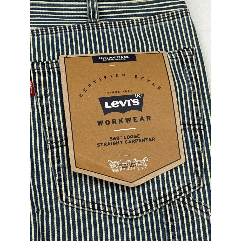 Levi's 568 Loose Straight Carpenter Pants Men's 40x32 Hickory Stripe Blue White